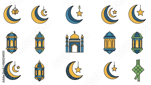 Collection of Islamic and Ramadan themed illustrations featuring crescent moons, lanterns, and a mosque.