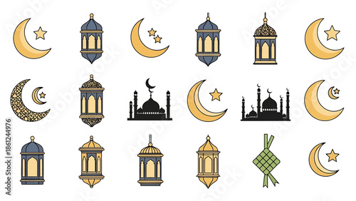 Ramadan and Eid Mubarak Celebration Elements Set.