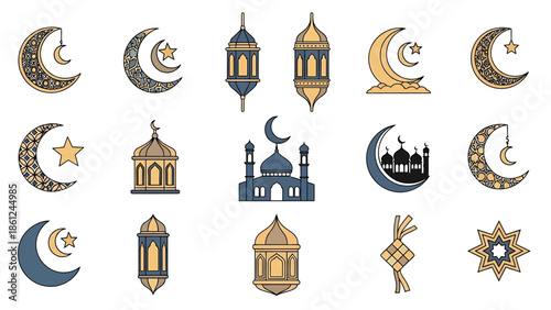 Ramadan and Eid Mubarak celebration elements set with crescent moons, mosques, and lanterns.