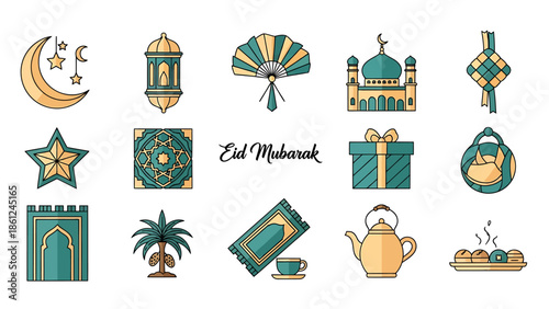 Eid Mubarak celebration with a collection of Islamic cultural and religious icons.
