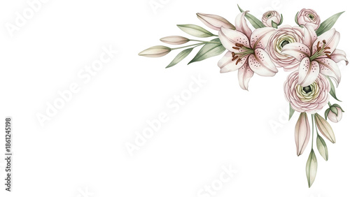 Luxury watercolor corner element featuring lilies and ranunculus in a neutral color palette isolated on white background