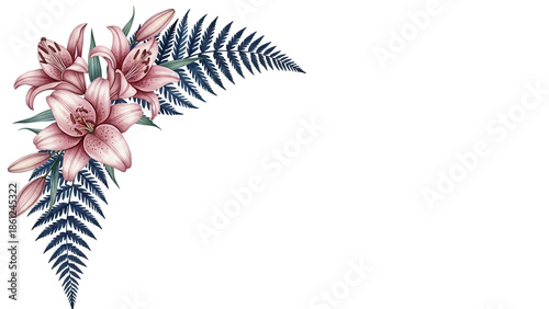 Luxury watercolor corner design featuring lilies and fern in navy and dusty rose isolated on white background