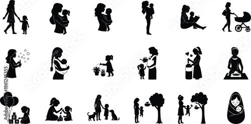 Collection of black silhouette icons depicting various human interactions and emotions
