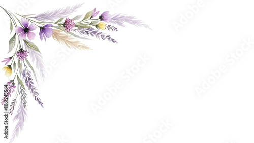 Soft minimal watercolor corner border with wildflowers and pampas grass in lavender tones isolated on white background