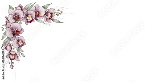 Luxury watercolor corner frame with orchids and delicate foliage in a sophisticated mauve scheme isolated on white background