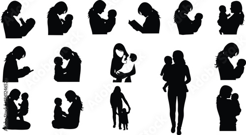 Collection of black silhouettes of people in various poses