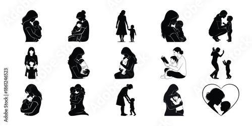 Collection of black silhouettes depicting various romantic and intimate moments between couples