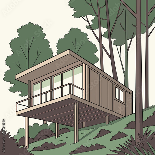 Elevated wooden cabin with geometric form on stilts in forest