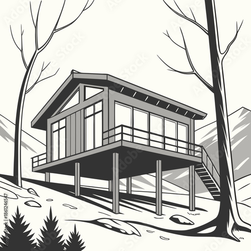 Modern cabin on stilts with large windows in snowy landscape