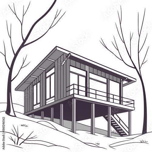 Modern cabin on stilts with snowy landscape and bare trees