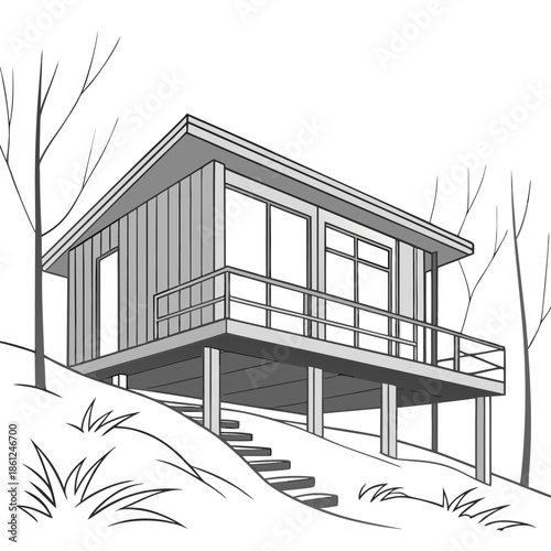 Modern box shaped cabin lifted above snow using stilts 1