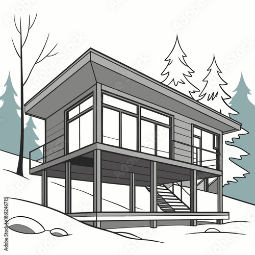 Modern winter cabin with flat roof on steel stilts among trees