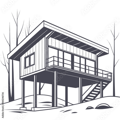 Modern winter cabin with flat roof raised on steel stilts