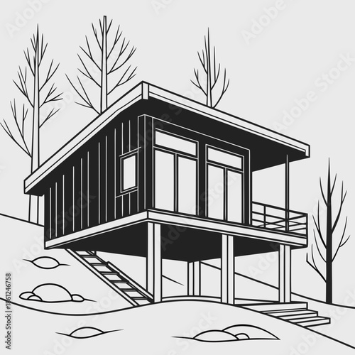 Black cabin on stilts with snow and trees geometric