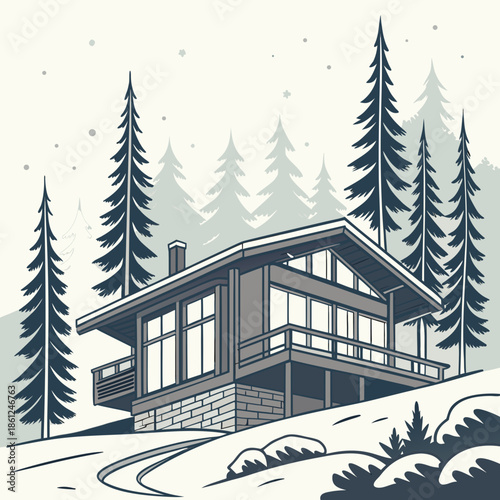 Elevated forest house with panoramic windows in winter 1
