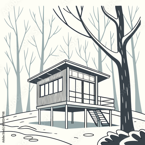 Modern forest cabin on metal stilts with bare trees