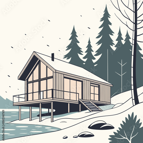 Scandinavian winter cabin on pillars by snowy lake