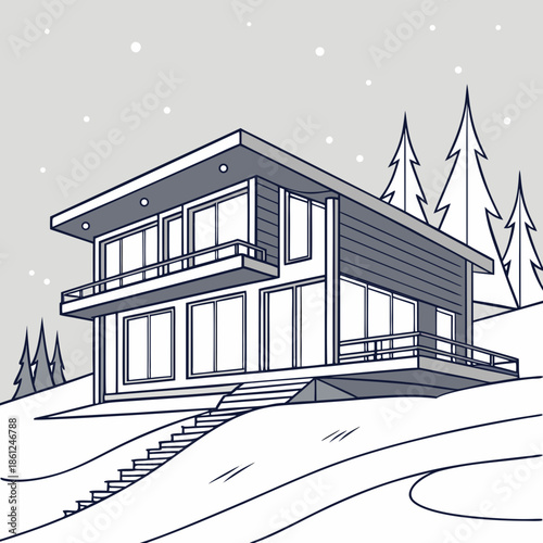 Modern cabin house on snowy hill with trees architecture