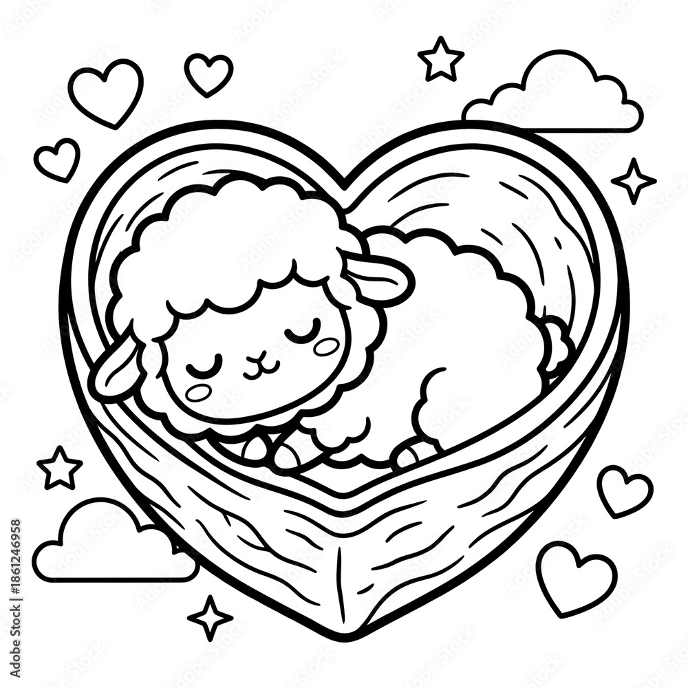 Fototapeta premium Love's Embrace: An adorable sheep finds comfort and security nestled within a heart-shaped embrace, surrounded by stars, clouds, and hearts.