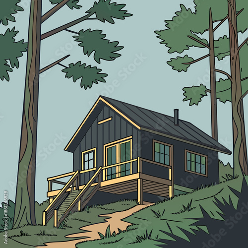 Dark gray forest cabin with wooden deck and stairs