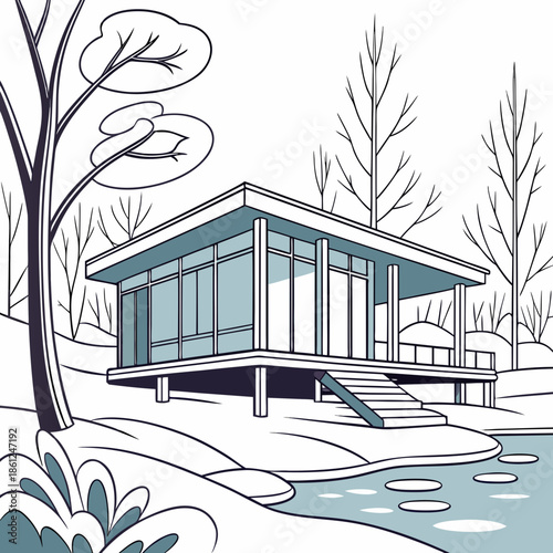 Modern cabin on stilts with flat roof and glass walls in snowy landscape