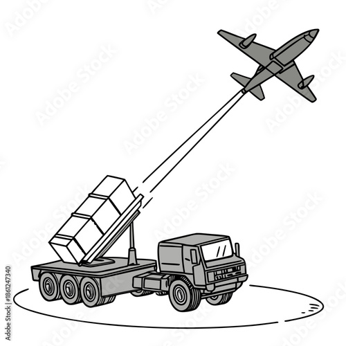 Mobile defense launcher firing guided missile at airplane