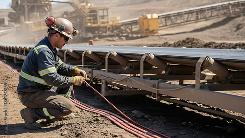 Mining Worker Repairing Conveyor Belt Industrial Site