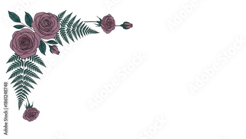 Minimal botanical corner element with roses and fern in deep teal and mauve isolated on white background