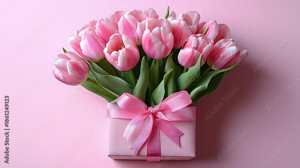Obraz premium Fresh pink tulips bouquet with gift box and ribbon on soft pink background for spring celebration and romantic occasions.