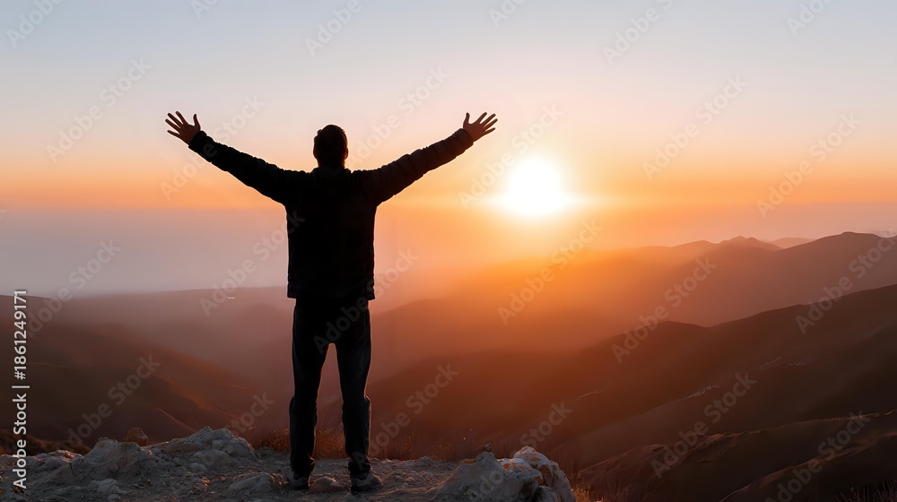 Fototapeta premium Man silhouette with raised arms celebrating success on mountain peak at golden sunrise. Freedom, achievement, motivation concept for business and personal growth.
