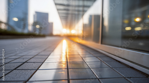 Wallpaper Mural Sunlight reflecting along smooth tiled pavement beside glass windows in a modern urban setting during early morning or late afternoon hours Torontodigital.ca