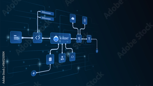AI workflow automation artificial intelligence. ai agent network diagram connecting node input, database, ai model and automation system.