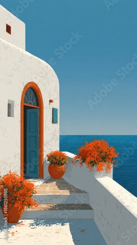 Mediterranean building with orange flowers and blue sea under clear sky
