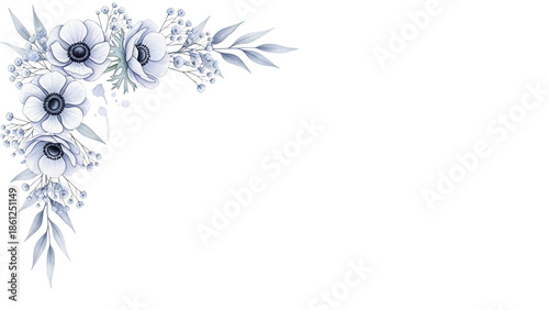 Minimal elegant watercolor corner design featuring anemones and baby's breath in pastel blue and lavender isolated on white background