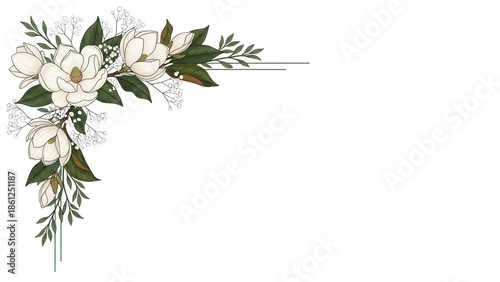 Minimal elegant botanical corner frame featuring magnolia and baby's breath in deep emerald green isolated on white background