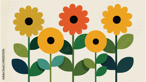 A minimalist mid century modern illustration of colorful flowers with green leaves on a beige background, perfect for design and decoration