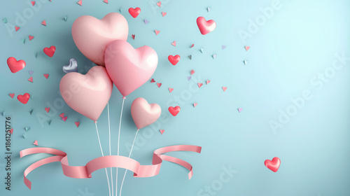 Colorful heart shaped balloons float against soft blue background, creating joyful and romantic atmosphere perfect for celebrations