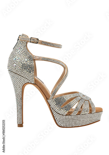 Sparkling high heels, a symbol of luxury and elegance. The shoe features a dazzling array of embellishments, a high stiletto heel, and an elegant strap