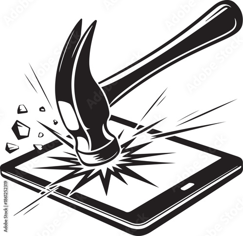 hammer smashing tablet screen digital detox concept vector