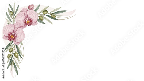 Minimal elegant watercolor corner design with orchids and olive branches in dusty rose isolated on white background