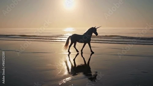 Magical unicorn walking on beach at sunset reflection