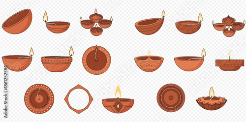 Set of traditional Indian clay oil lamps with burning wicks for Diwali celebration.