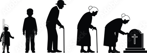Human life stages silhouette from childhood to old age, aging process concept, life cycle timeline, mortality and remembrance illustration