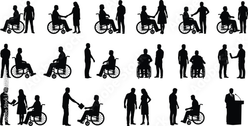 Wheelchair user silhouettes interacting with people, disability support scenes, inclusive social interaction, accessibility awareness, assistance and communication illustration set