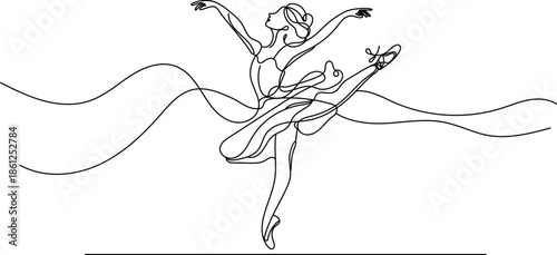 Elegant one line art ballerina in motion. Minimal black and white illustration for dance, art prints, logos, and modern designs.