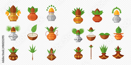 Set of Kalash pots and coconuts for Hindu rituals and festivals on transparent background.