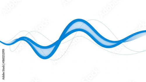 Abstract blue wave flowing across a white background with subtle grey lines representing sound or data waves