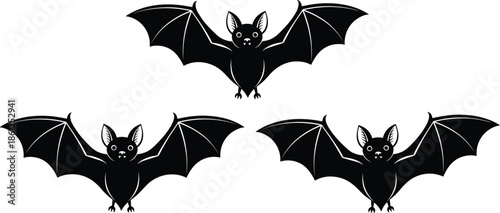 Flying bat silhouettes cartoon illustration, spooky halloween animal characters, black isolated nocturnal mammal design set, vector clipart mascot icon collection