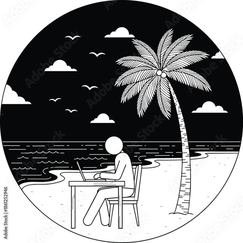 Remote work beach illustration with laptop, digital nomad lifestyle, tropical seaside scene, freelancer working outdoors, minimalist black white design