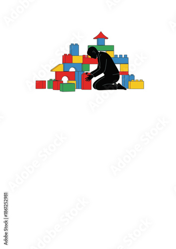 Kidult Play Silhouette of Adult with Building Blocks for Mental Health Stress Relief and Creative Playfulness Wellness Concept Vector